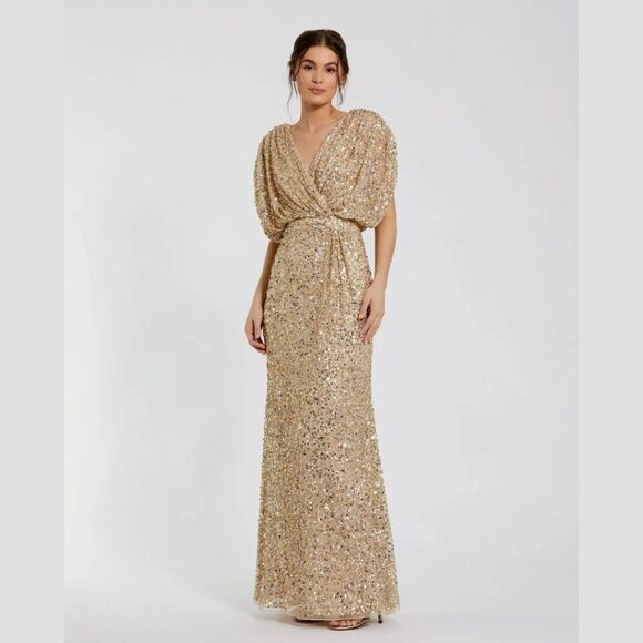 Mac Duggal 5640 Size 16 Gold Sequin Draped Sleeve V-Neck Long Gown Maxi Dress - Picture 2 of 4